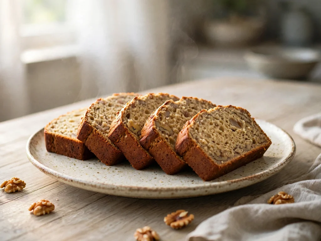 Sliced moist banana bread loaf on a plate