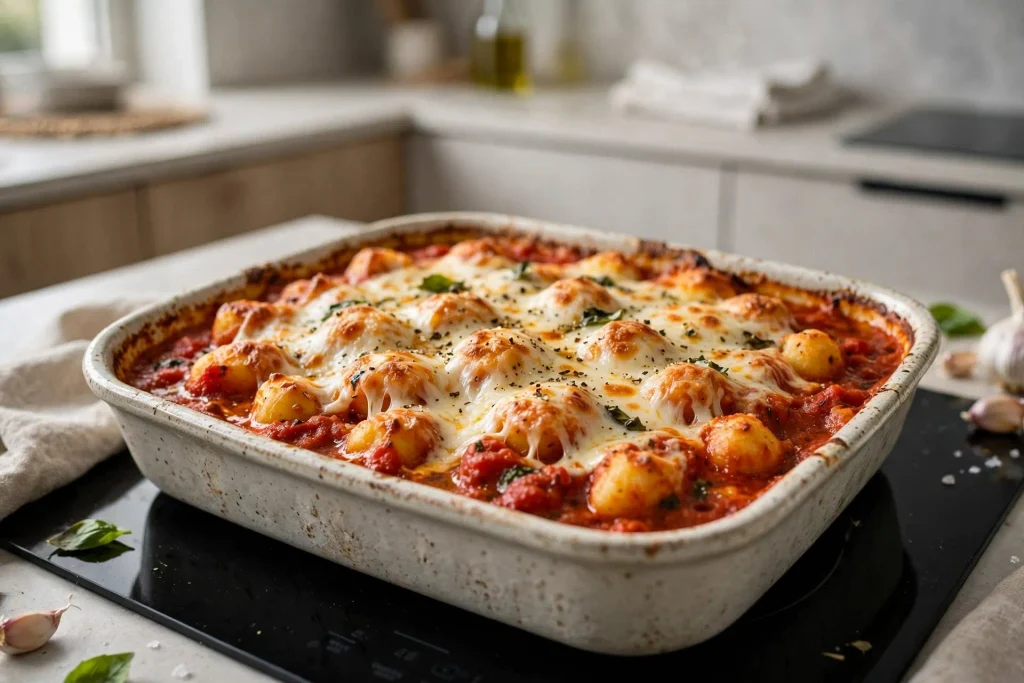 Baked gnocchi casserole topped with melted mozzarella cheese