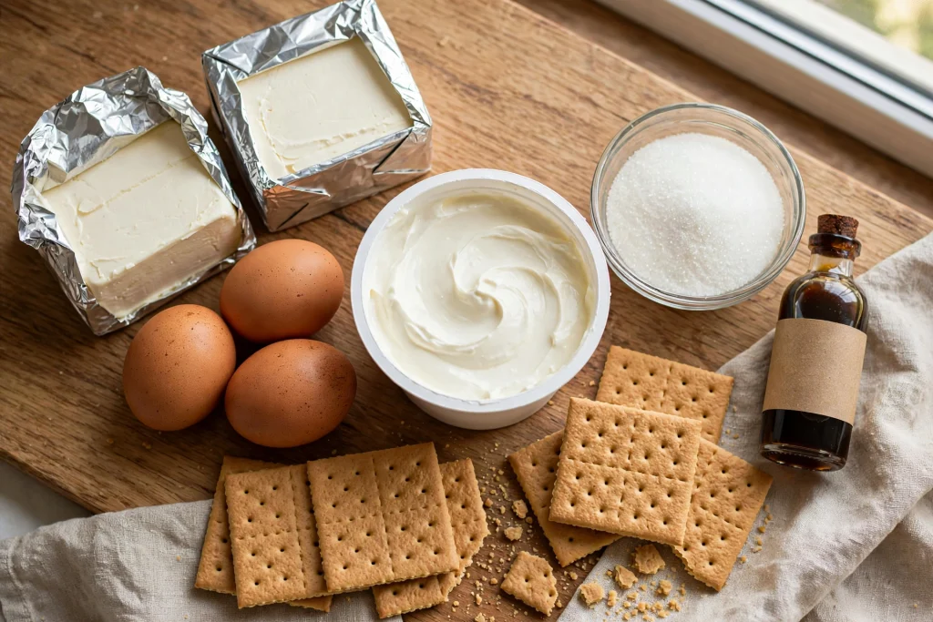 Cream cheese, eggs, sour cream, and graham crackers for classic cheesecake