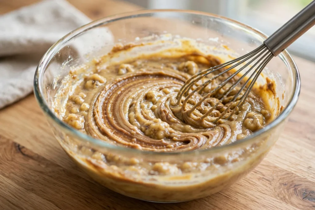 Banana bread batter being whisked in a glass bowl