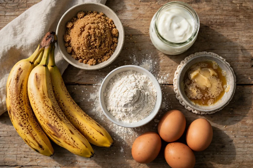 Flat lay of ripe bananas, butter, eggs, and flour for banana bread