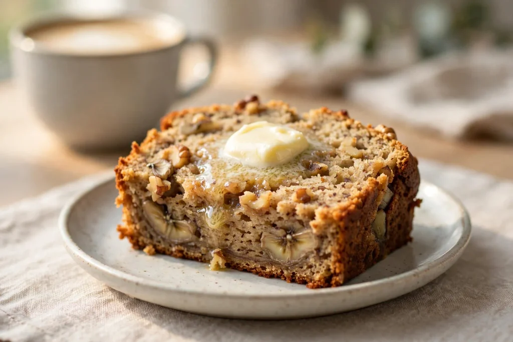 Slice of banana bread topped with melting butter on a plate