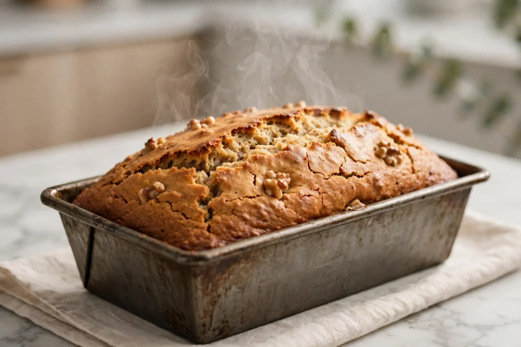 Golden banana bread loaf fresh out of the oven in a loaf pan