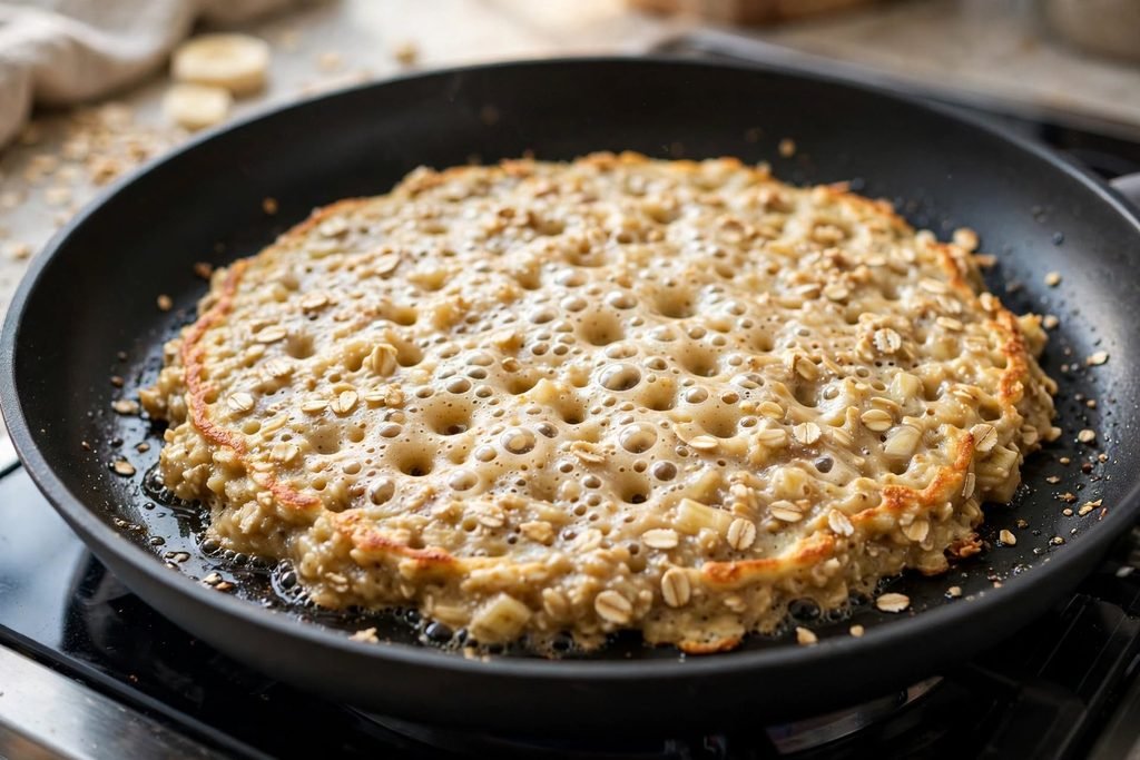Banana oat pancakes cooking on a nonstick skillet with golden edges