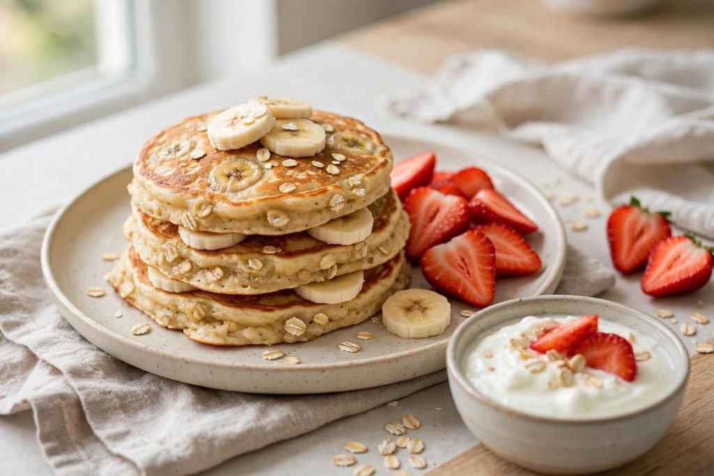 Kid-friendly breakfast plate with pancakes, strawberries, and yogurt