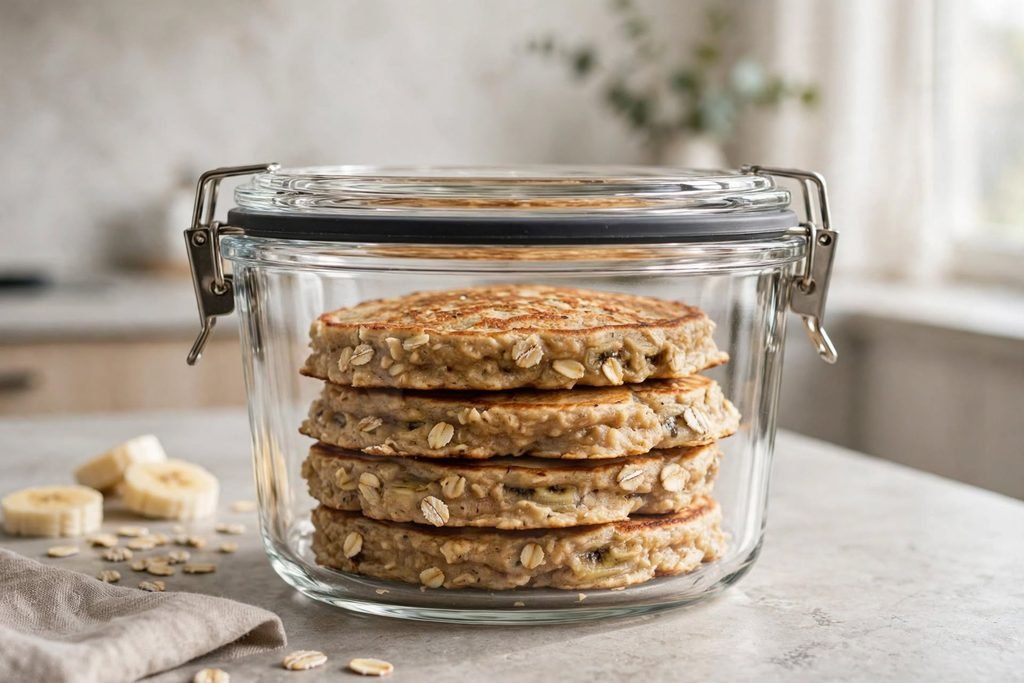 Banana oat pancakes stacked inside a glass storage container