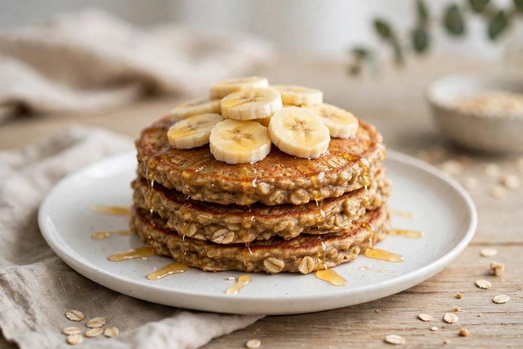 Stack of banana oat pancakes topped with banana slices on a white plate