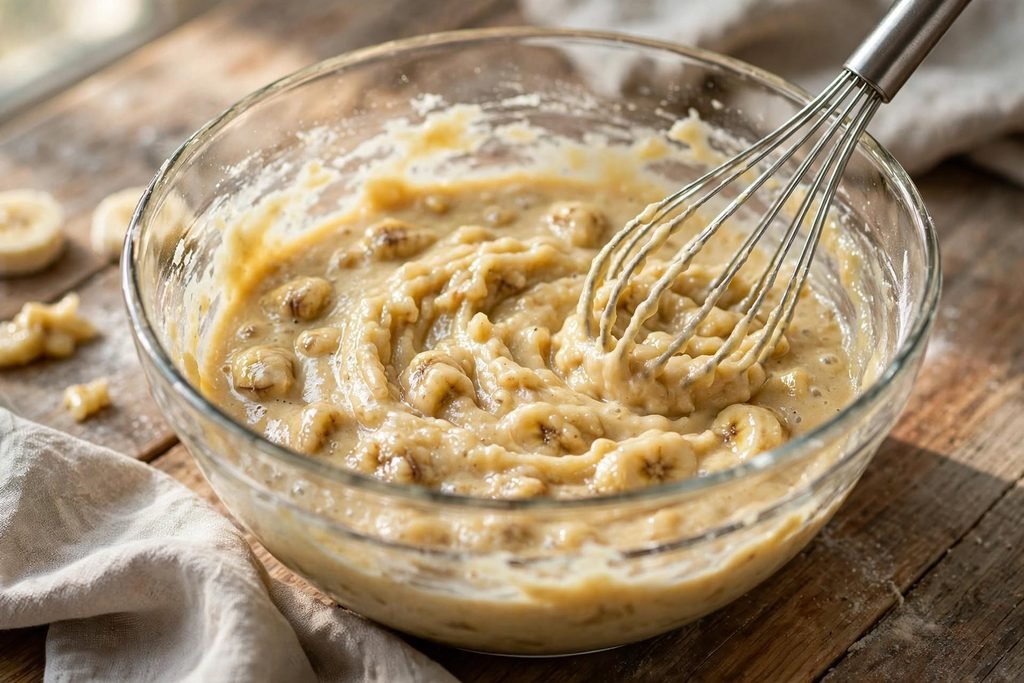 Glass bowl of banana oat pancake batter with a whisk resting inside