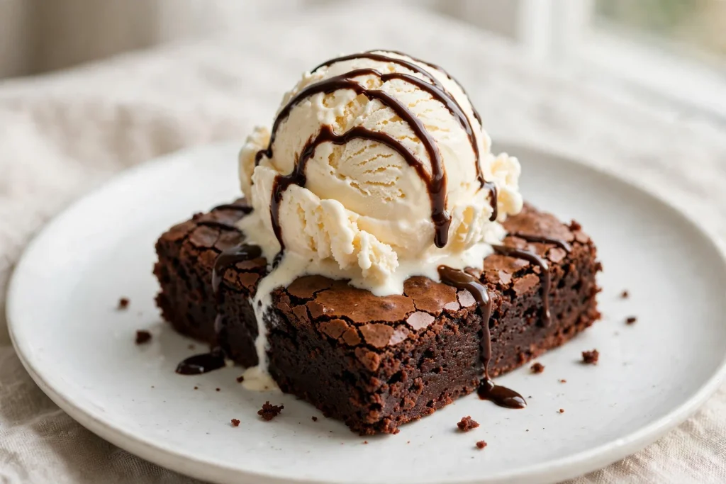 Fudgy brownie square served warm with a scoop of vanilla ice cream and chocolate drizzle.