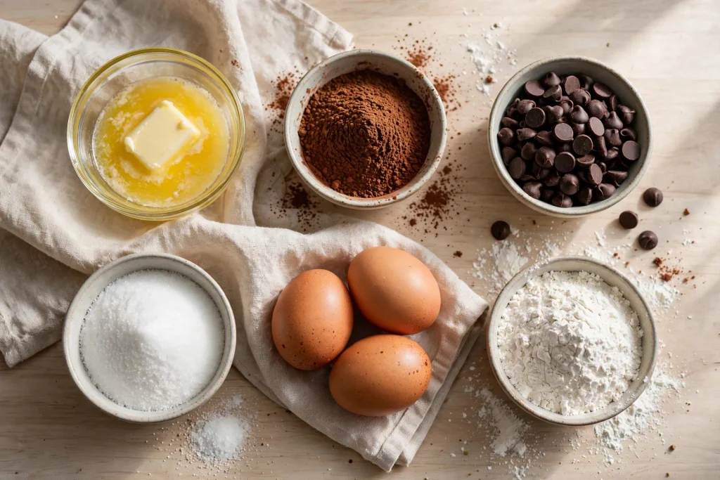 Flat lay of brownie ingredients including melted butter, cocoa powder, eggs, and chocolate chips.