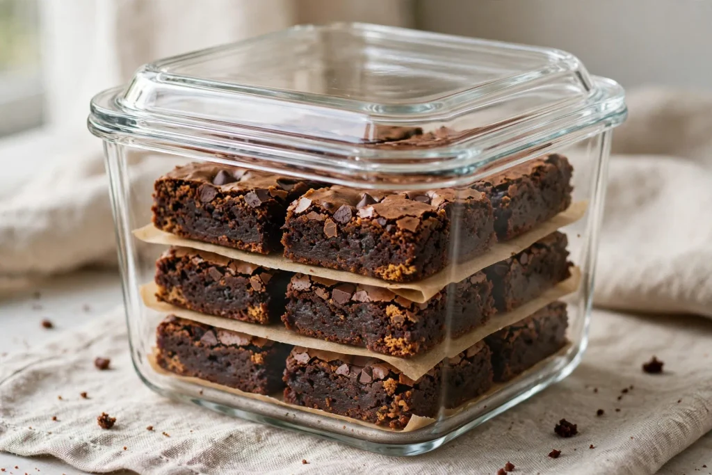 Fudgy brownie squares stored in an airtight glass container with parchment paper between layers.