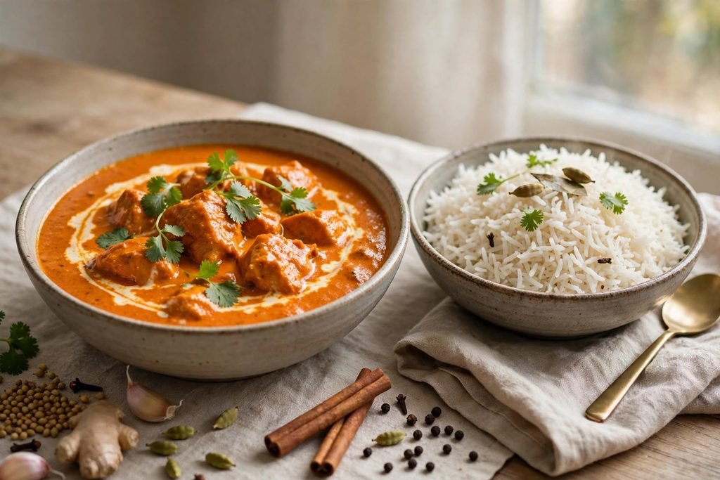 Bowl of creamy butter chicken curry with rice and cilantro garnish