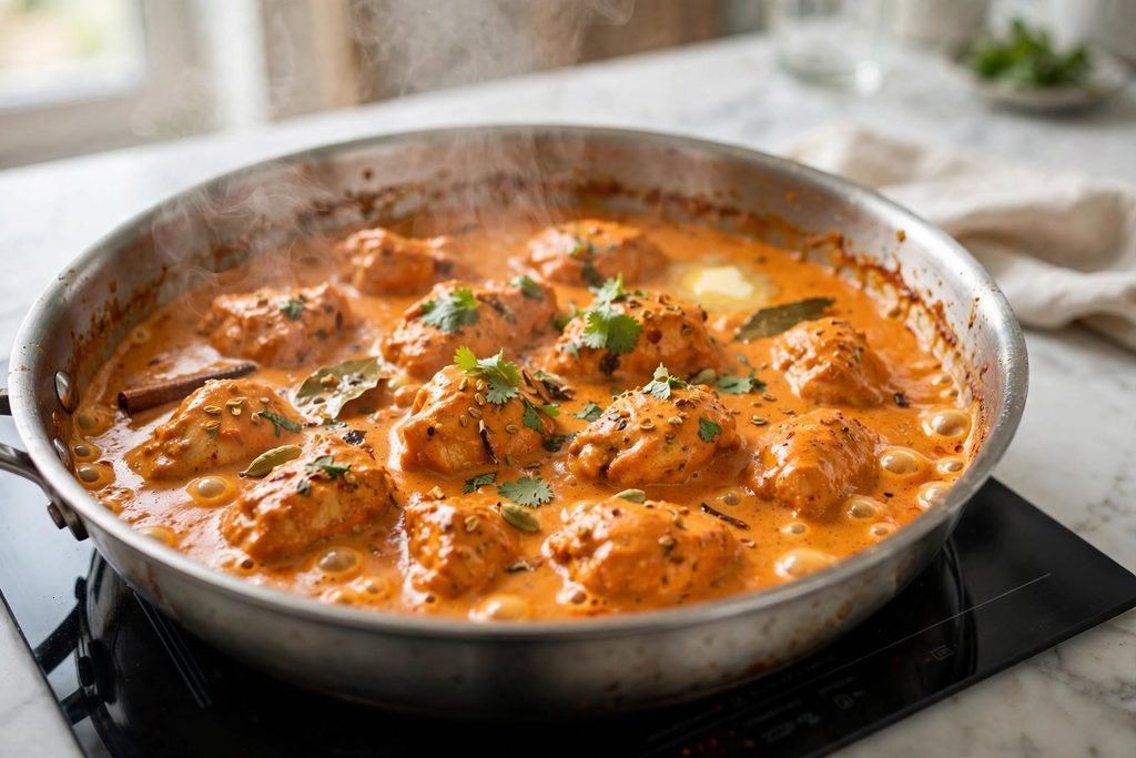 Butter chicken simmering in a creamy orange sauce in a skillet