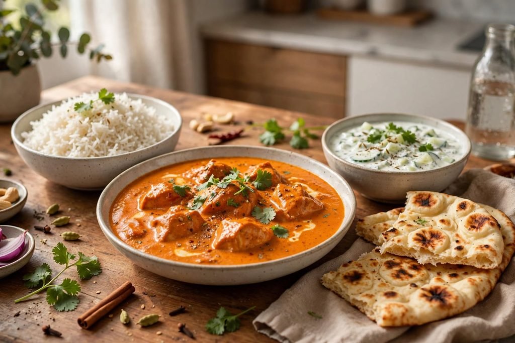 Butter chicken served with rice, naan, and raita on a table