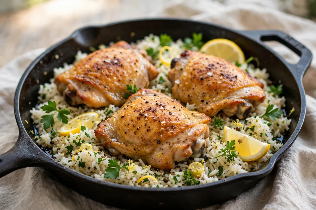Dinner table set with chicken and rice, side salad, and dinner rolls.