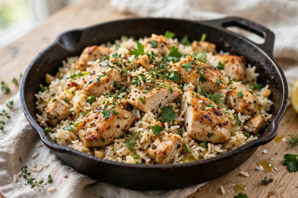 Skillet of chicken and rice topped with fresh parsley, ready to serve.