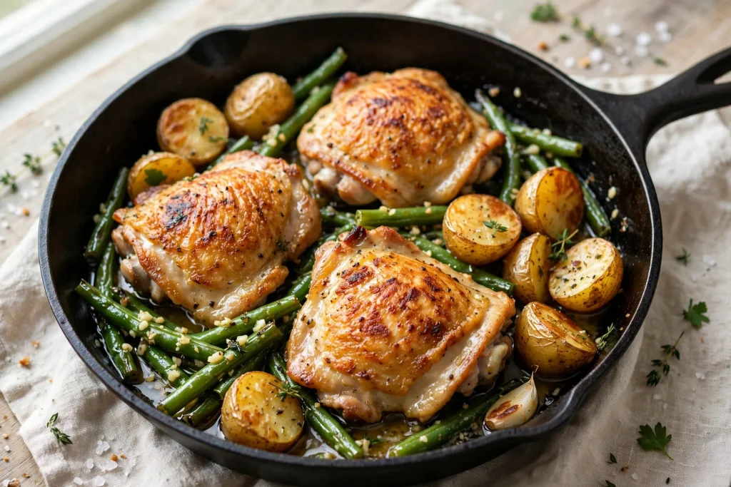 Cast iron skillet with garlic butter chicken thighs, roasted potatoes, and green beans.