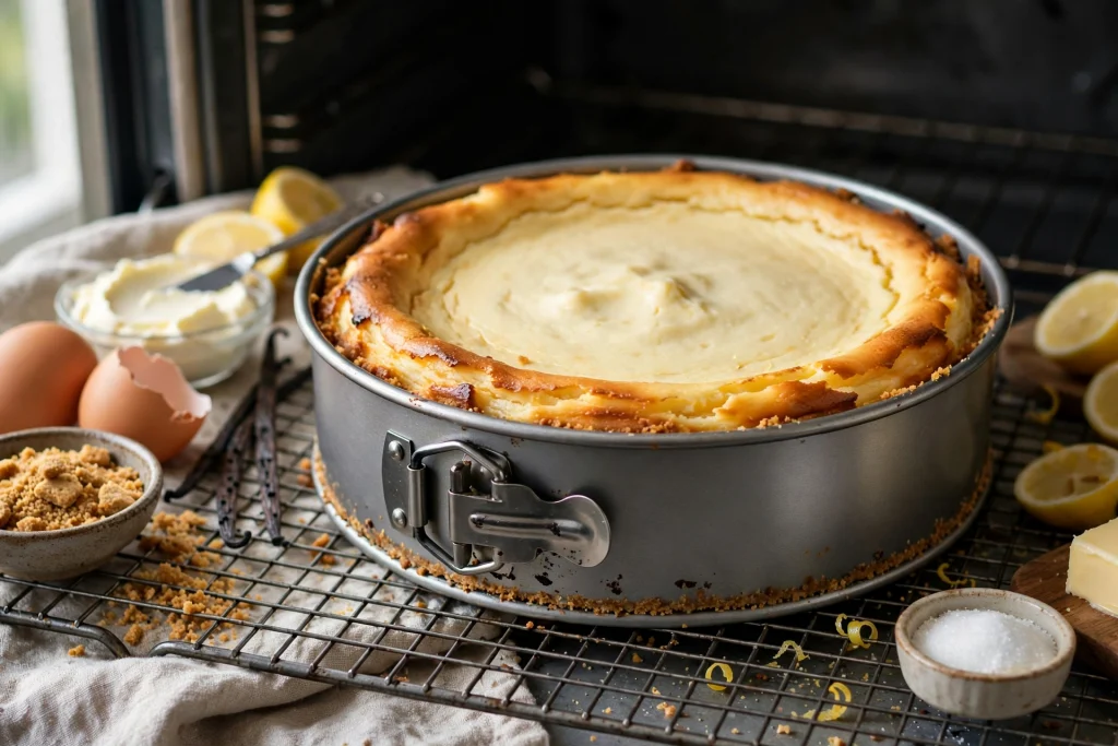 Cheesecake baking in a springform pan on an oven rack