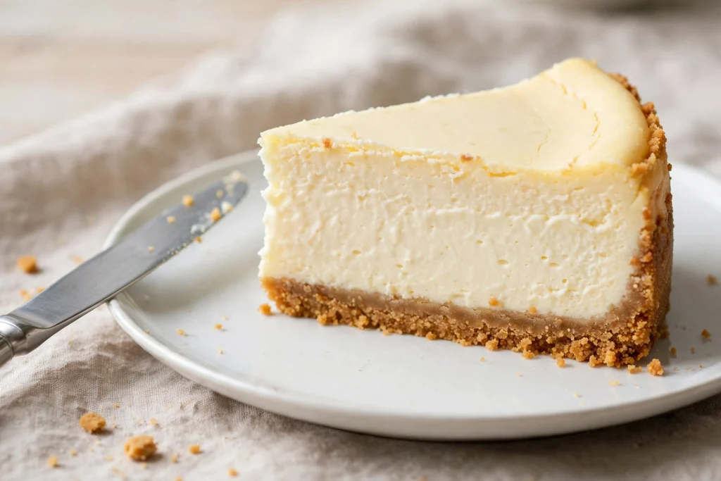 Close-up of a creamy cheesecake slice on a fork