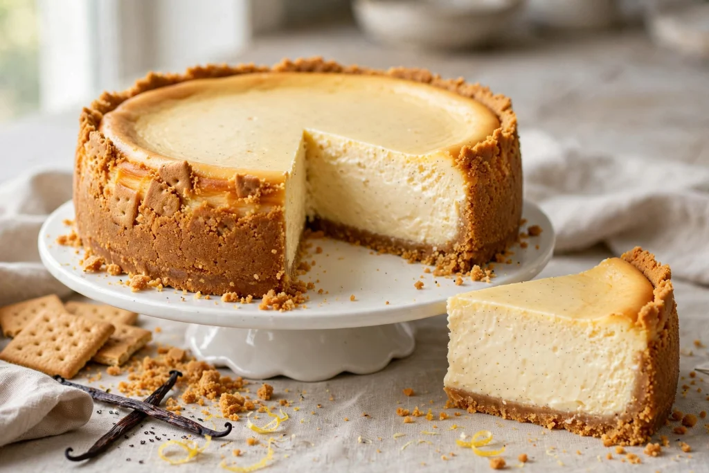 Slice of classic cheesecake with graham cracker crust on a white plate