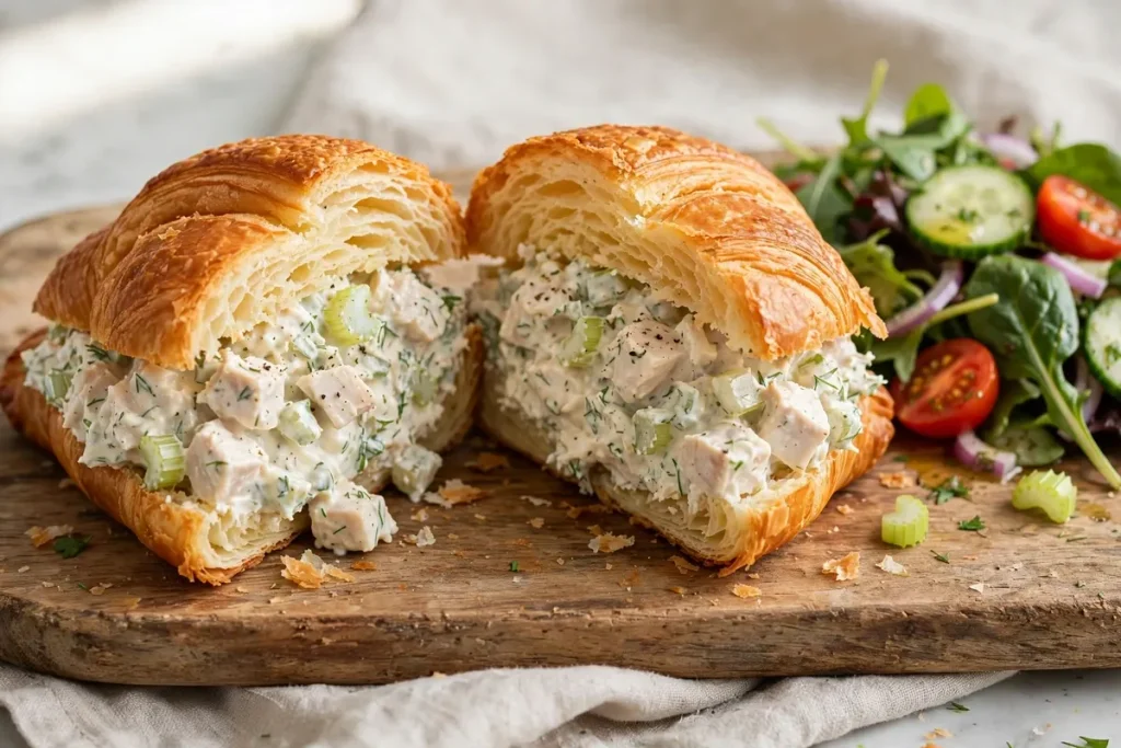 Chicken salad sandwich served on a croissant with a side salad.