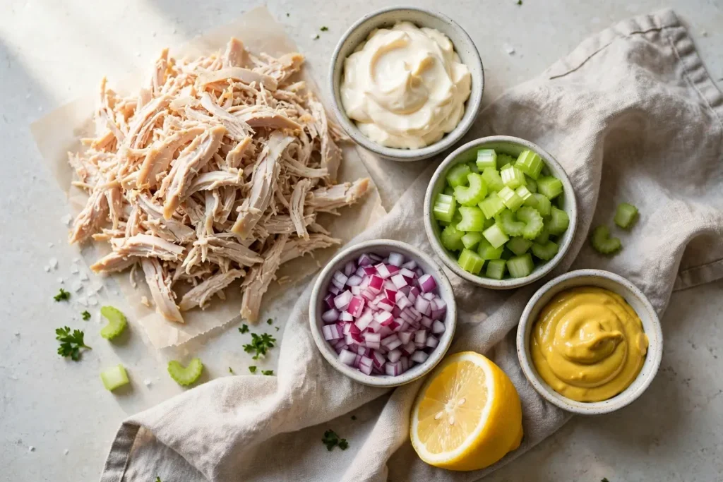 Ingredients for easy chicken salad arranged on a kitchen counter.