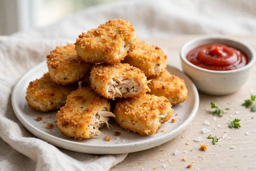 Golden-brown homemade chicken nuggets served on a plate with ketchup for dipping.
