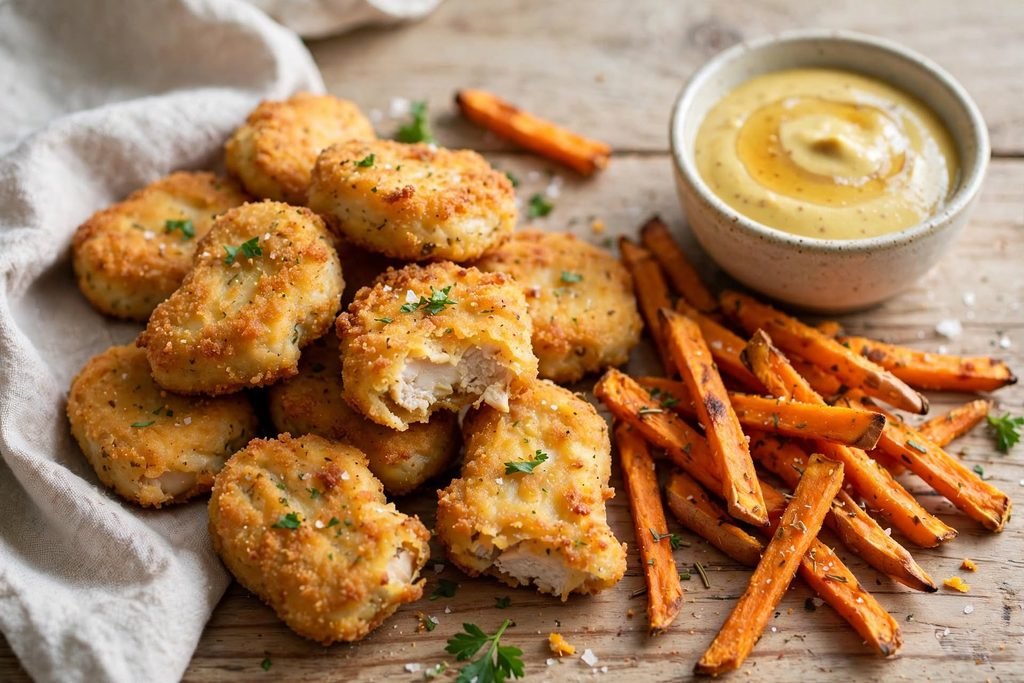 Homemade chicken nuggets served alongside sweet potato fries and honey mustard dip.
