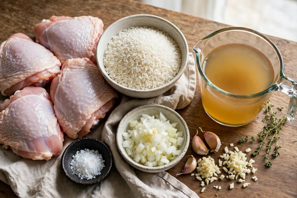 Fresh ingredients for one-pan chicken and rice arranged on a countertop.
