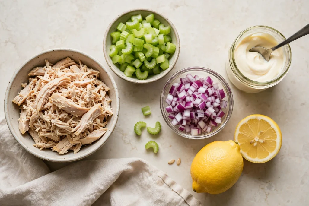 Flat lay of chicken salad ingredients including shredded chicken, celery, onion, and mayonnaise.