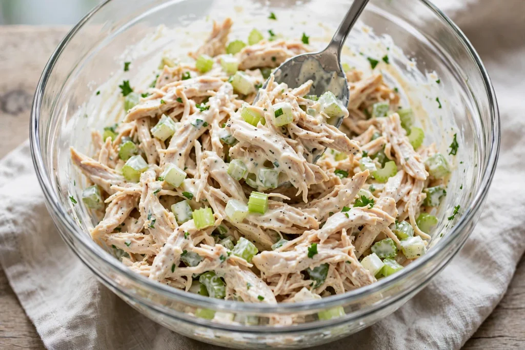 Chicken salad being mixed in a glass bowl with creamy dressing and diced celery.