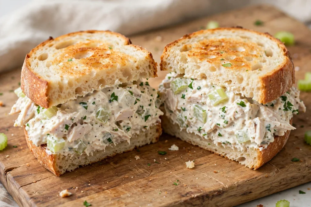 Chicken salad sandwich cut in half showing creamy filling with celery on wooden cutting board.