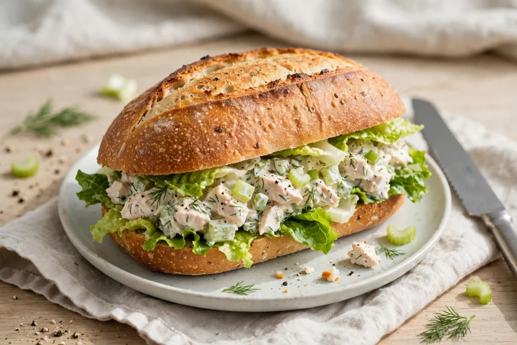 Assembled chicken salad sandwich with lettuce on a plate before slicing.