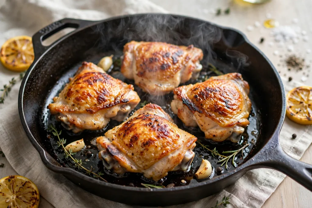 Chicken thighs searing in a skillet with a golden brown crust.