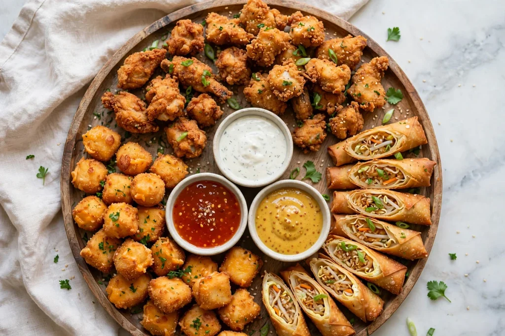 A platter of homemade Chili's Triple Dipper with boneless wings, Southwestern eggrolls, and crispy cheddar bites with dipping sauces.
