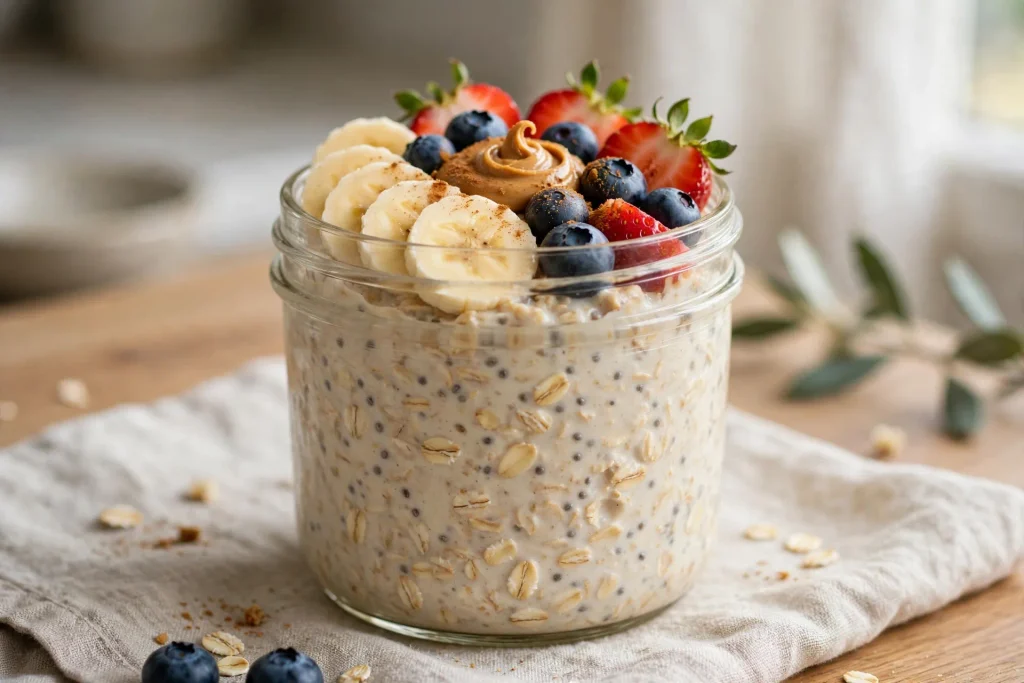 Creamy overnight oats topped with banana, berries, peanut butter, and cinnamon.