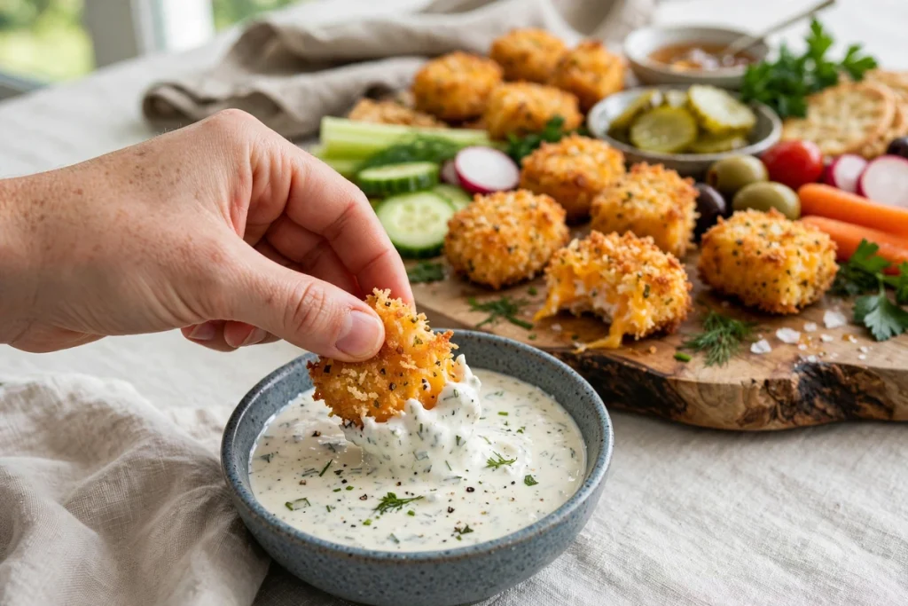 A crispy cheddar bite being dipped into a bowl of ranch dressing next to the full appetizer platter.