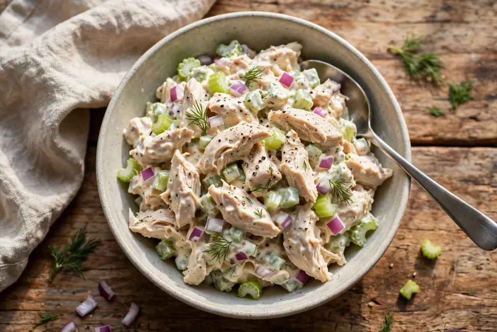 Bowl of creamy chicken salad with celery and red onion, ready to serve.