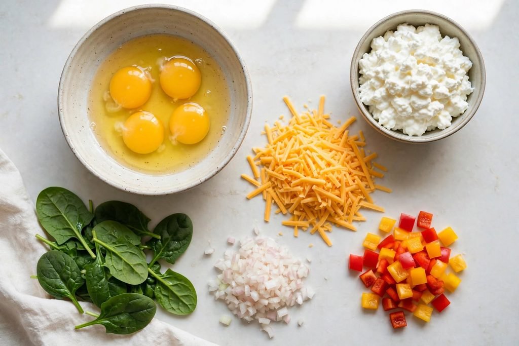 Overhead view of raw ingredients for high protein egg muffins including eggs, cottage cheese, and chopped vegetables.