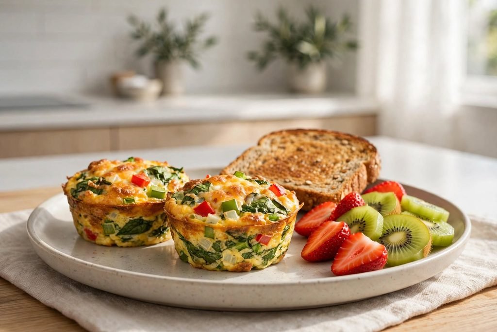 A breakfast plate with two egg muffins, sliced fruit, and whole grain toast.