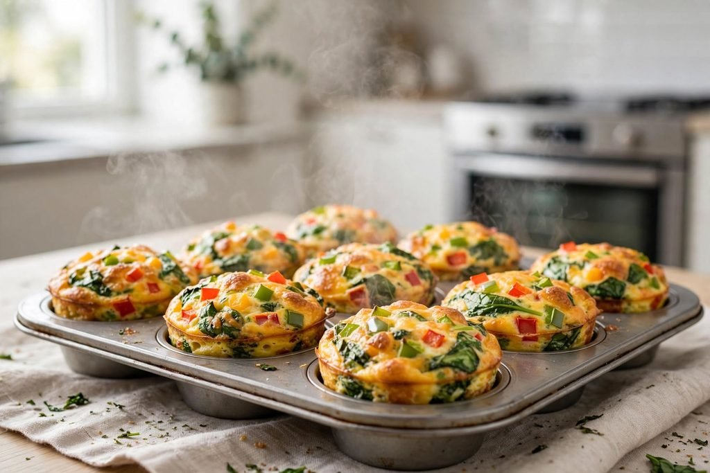 A muffin tin filled with baked high protein egg muffins with vegetables and cheese.