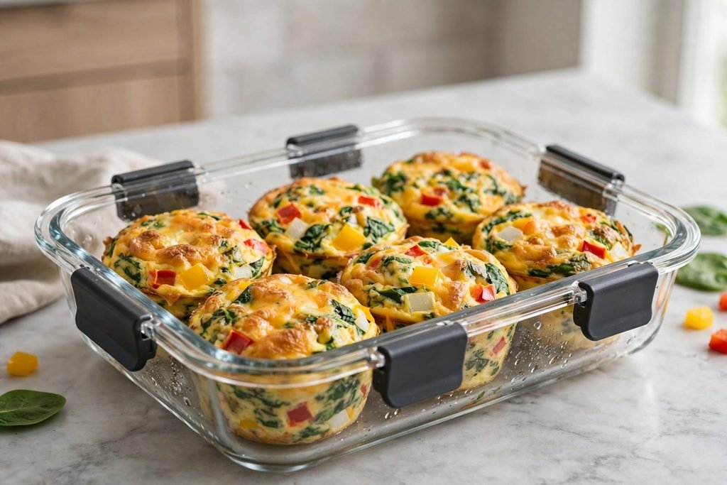 High protein egg muffins stored in a glass meal prep container.