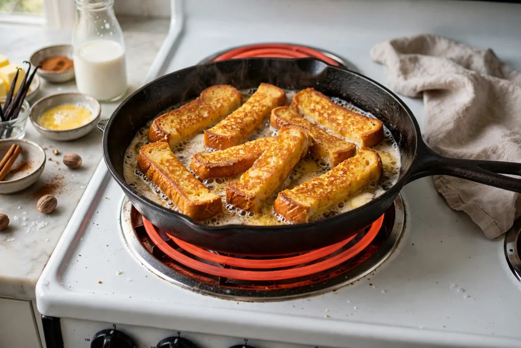 French toast sticks cooking in a buttered skillet until golden brown.