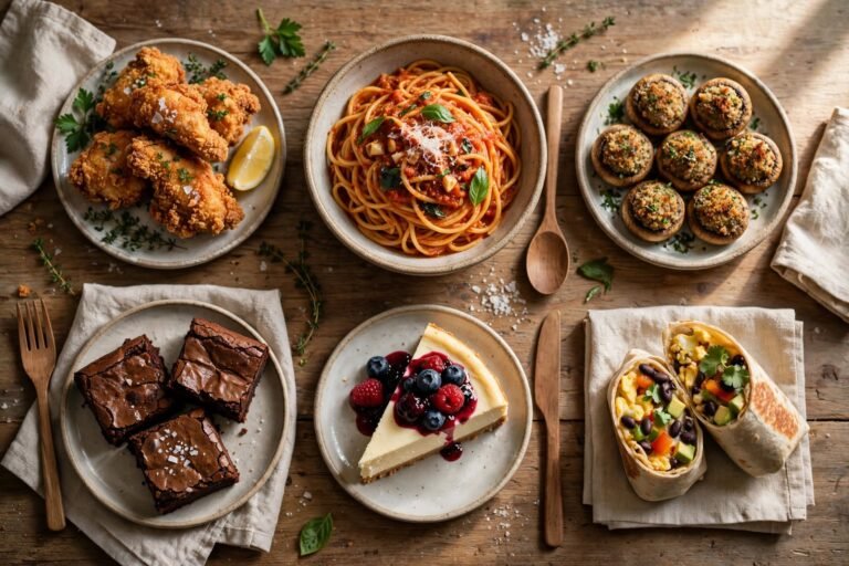 Overhead flat-lay of a variety of homemade dishes including fried chicken, pasta, cheesecake, and breakfast burritos, representing a roundup of best homemade recipes.
