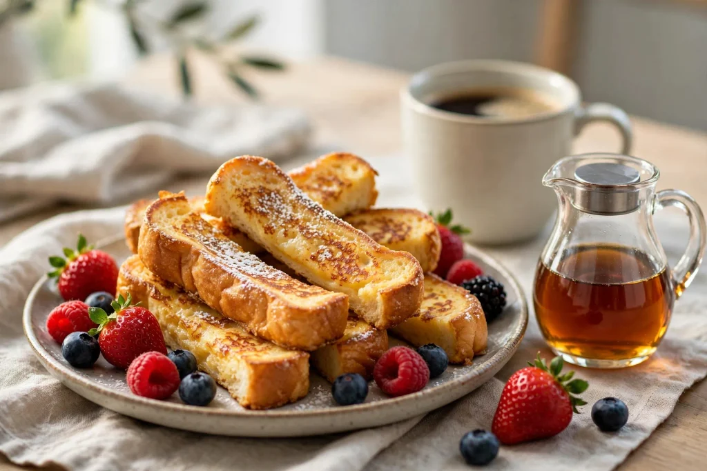 French toast sticks served with fresh berries and maple syrup on a breakfast table.