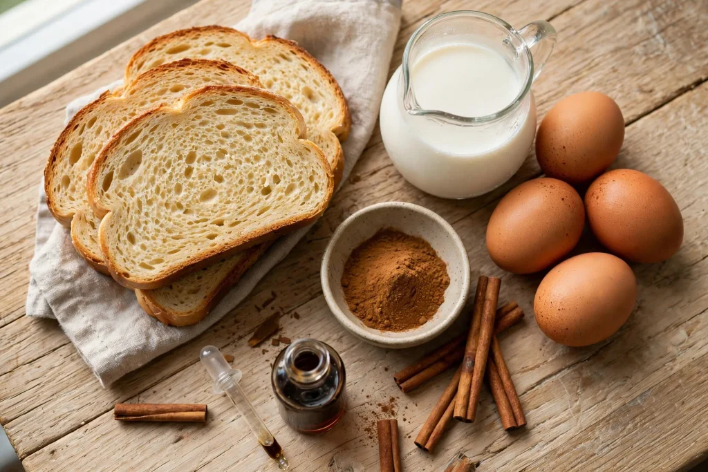 Ingredients for french toast sticks including bread, eggs, milk, and cinnamon arranged on a wooden countertop. 