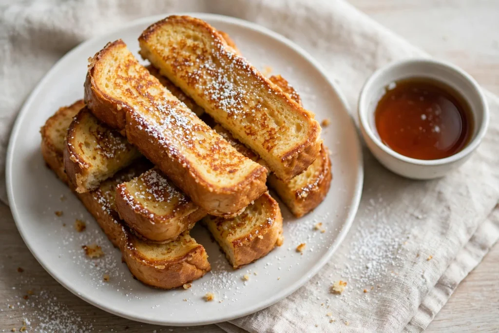tack of golden french toast sticks on a white plate with a small bowl of maple syrup for dipping.