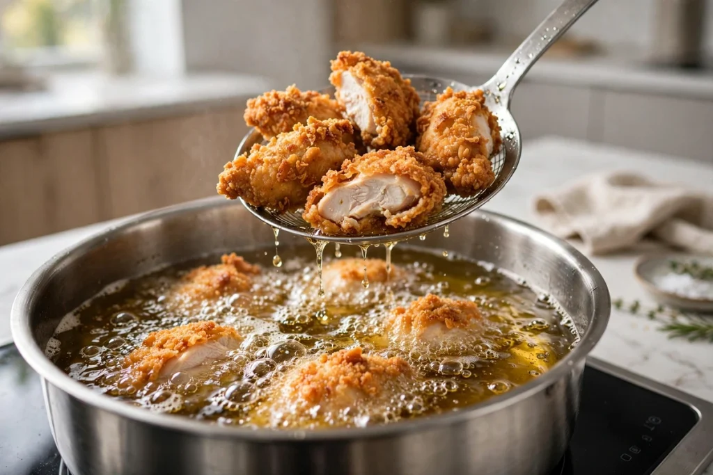Boneless chicken wing pieces frying in hot oil until golden brown.