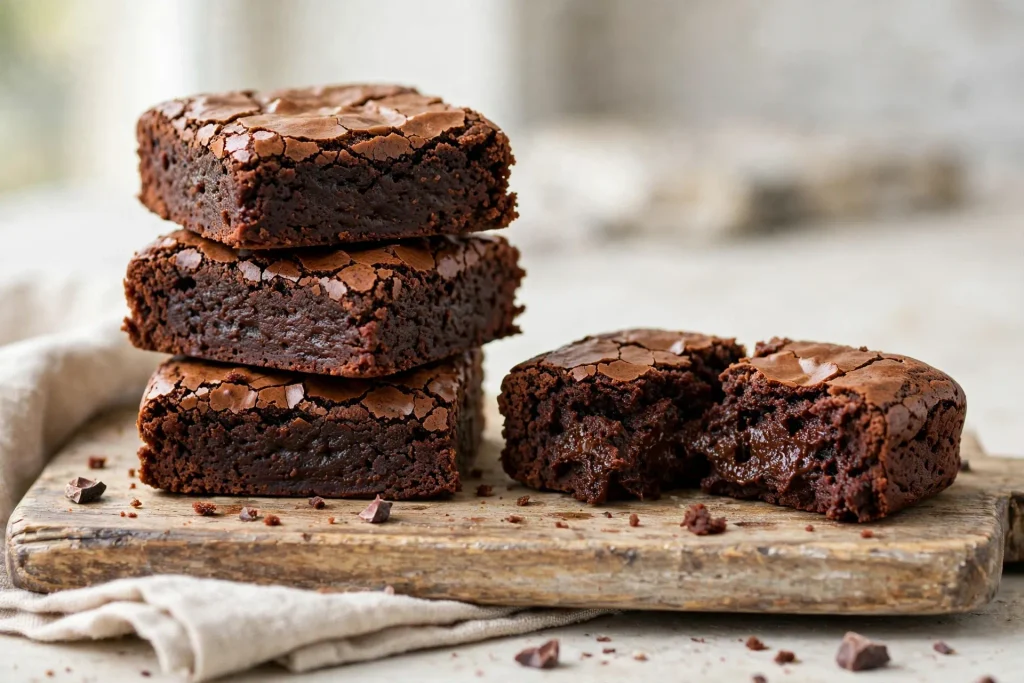 Stack of fudgy brownies with one brownie split open to show the dense, moist center.