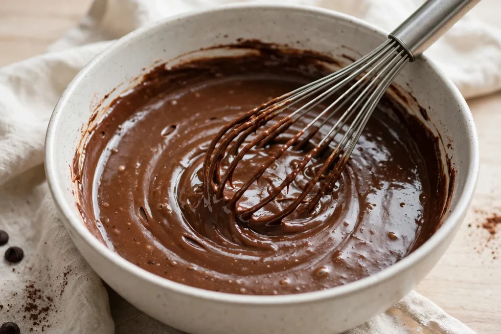 Glossy chocolate brownie batter being whisked by hand in a mixing bowl.